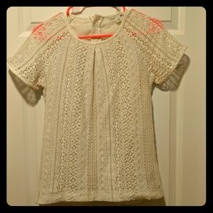 White Lace Short Sleeve Top Fitted Sz 10 Cream